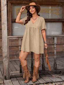 Nubod Vestido corto de manga corta con cuello en V elegante y texturizado en línea A, adecuado para el uso diario en verano, tallas grandes para mujeres - Caqui - Ver 4