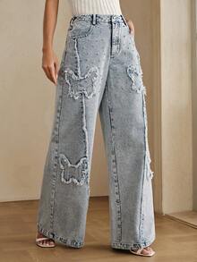 Anewsta Modern Summer Washed Blue Distressed Jeans With Butterfly Design For Women - Blue - View 4