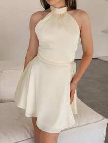 Katetique Women's Solid Color Backless Twist Ruched Halter Mini Dress,Elegant Dresses For Party,Wedding Guest Dress ,Prom Dress,Formal Dress,Evening Dress Chic Wedding,Vacation Outfits, Dinner Outfit For Women,Birthday Outfit,Spring/Summer Outfits - Apricot - View 4