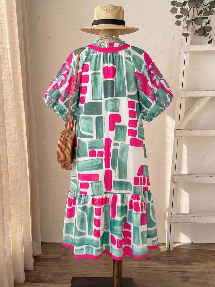 Plus Size Notched Neck Short Petal Sleeve Colorblock Loose Summer Dress Beach Outfit For Women  Casual Dresses For Women