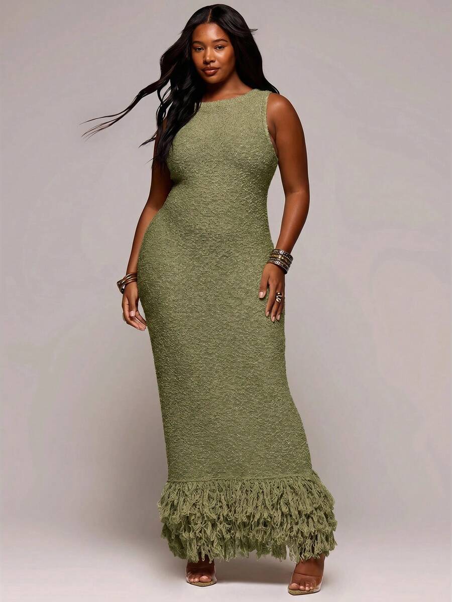 MUSERA Plus Size Textured Knit Fitted Midi Dress Spring Summer Elegant Vacation Holiday Evening Soul Ties Fall - Green - View 1