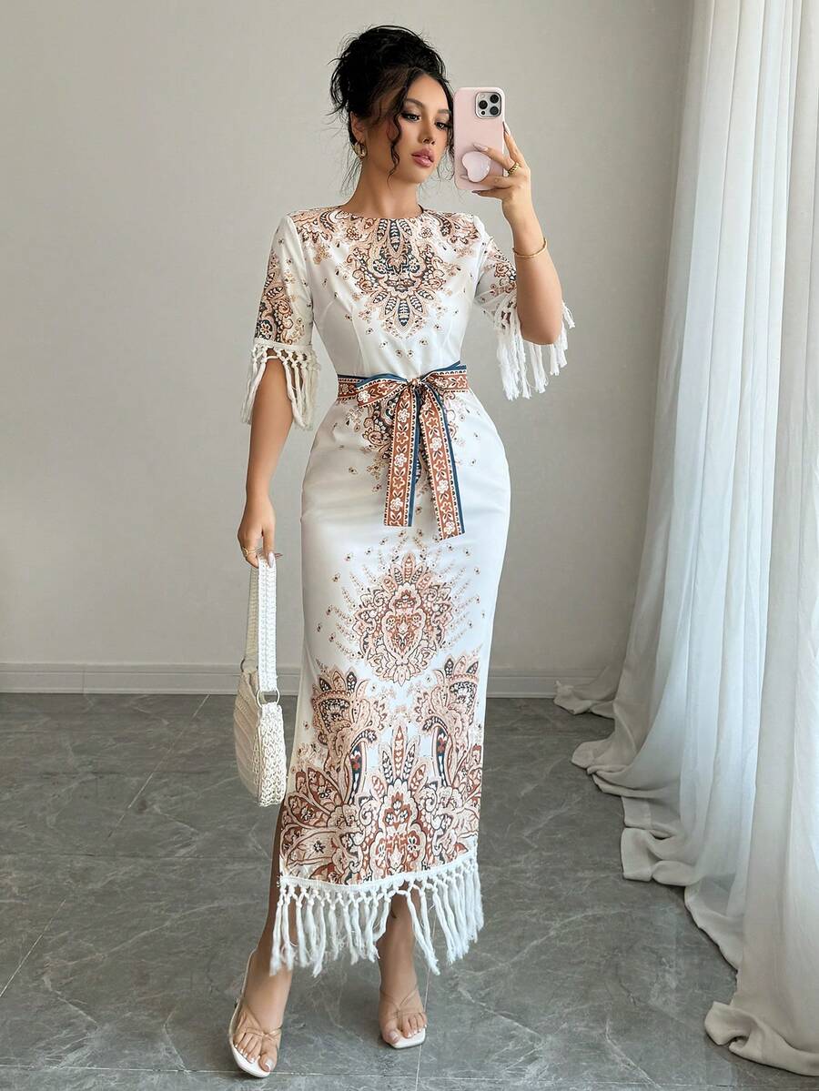 Rafferiza Round Neck Side Slit Hem Print Long Dress For Women - White - View 1