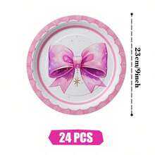 Pink Bow Disposable Plates, Napkins And Cups, Party Supplies Set, Serves 24 People, Disposable Paper Party Tableware, Suitable For Birthdays, Weddings, Themed Parties And Family Picnics. - View 10