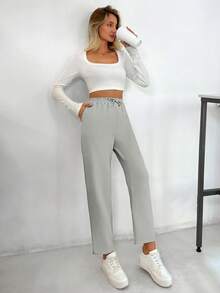 SHEIN PETITE Petite Pants With Drawstring, Slanted Pockets - Grey - View 4
