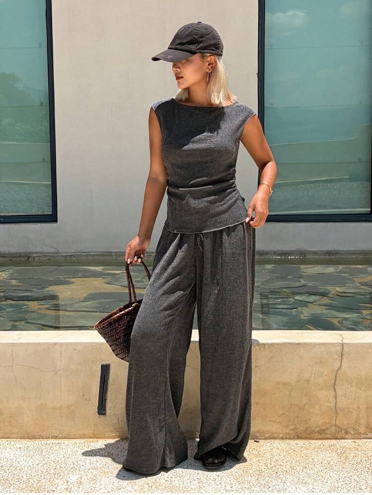 Livesso Women's Casual Vacation Minimalist Solid Color Pleated Fitted Top And Wide Leg Pants 2-Piece Set, Spring/Summer/Autumn - Grey - View 6