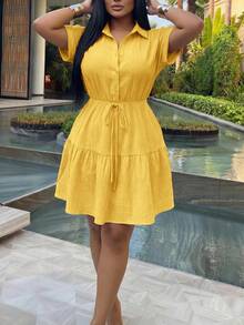 Slaydiva Plus Size Elegant Fitted Short Sleeve A-Line Ruffle Hem Shirt Dress,Yellow,Summer,Casual,Vacation,Holiday,Party,Birthday,Back To School,Campus Style - Yellow - View 4