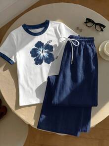 Divinelle 2pcs Set Embroidered Round Neck Short Sleeve Top And Striped Print Pants, Casual - Multicolor - View 3