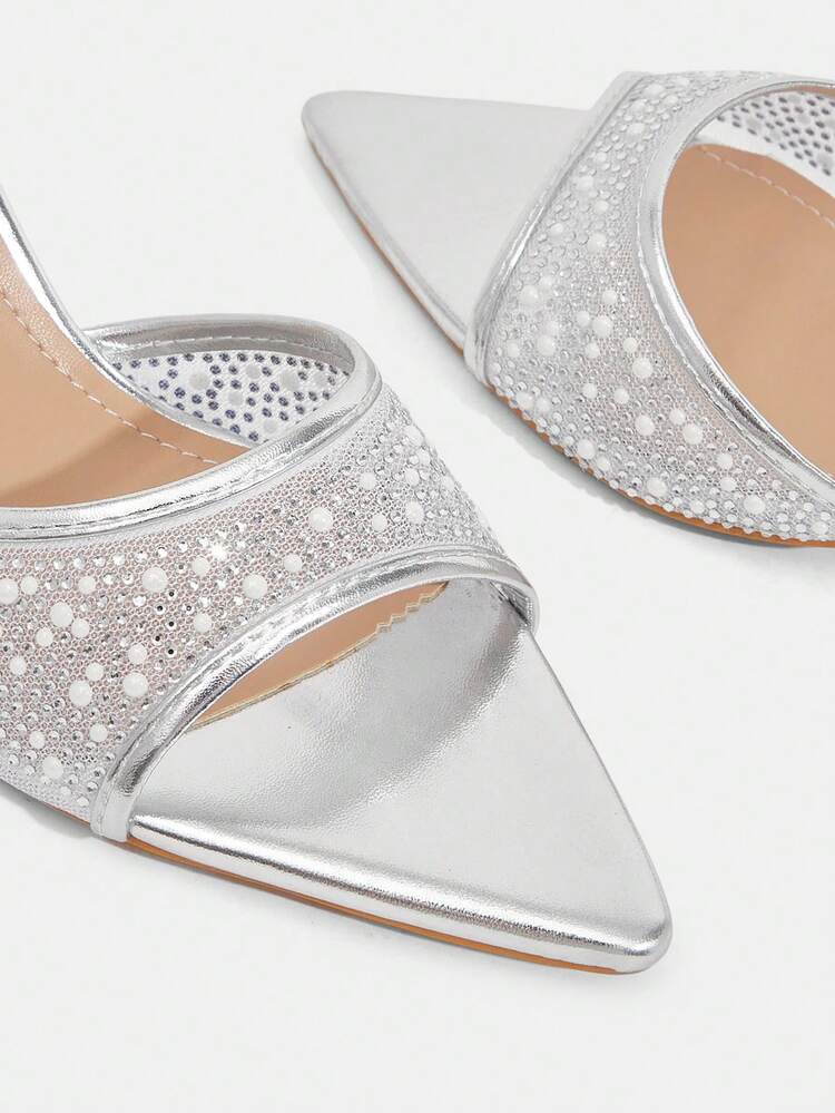 CUCCOO TILAWA Women's Fashion, Women's High-Heeled Sandals, Silver-White, Pearl Rhinestones, Mesh Material, Pointed, Commuting, Comfort, Indoor, Office, Street, Party, Travel, Vacation, Spring And Summer, Suitable For Dresses, Jeans, Shorts, Stiletto Slippers