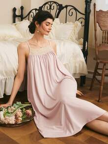 Côtesoire Women's French Elegant Romantic Lace Patchwork Comfortable Loose Knit Camisole Nightgown - Baby Pink - View 1