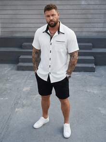 DRIVNCORE Plus Size Men's Casual Contrast Trim Short Sleeve Shirt, Summer - White - View 4