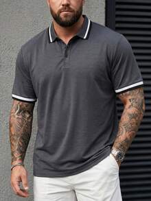 Manfinity Homme 男式加大码条纹短袖 Polo 衫、高尔夫领衬衫 - 灰色 - 查看 3