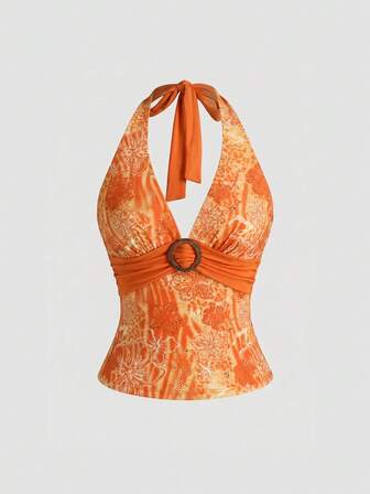 Hippie Y2K Hibiskus Muster Trägertop mit offenem Rücken für Frauen, Urlaubsstil der Insel