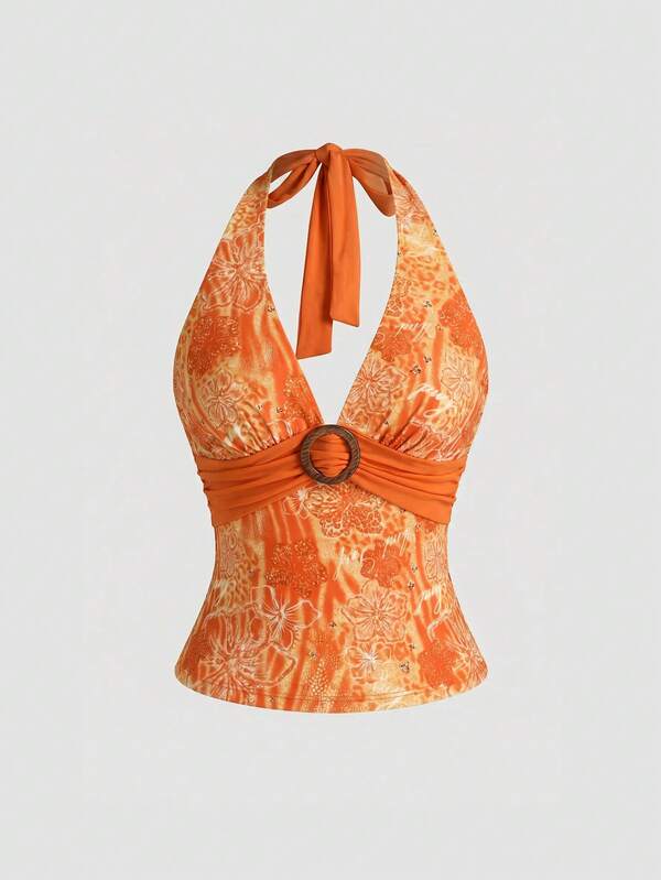 ROMWE Hippie Y2K Hibiscus Print Halter Neck Backless Camisole For Women, Vacation Island Style
