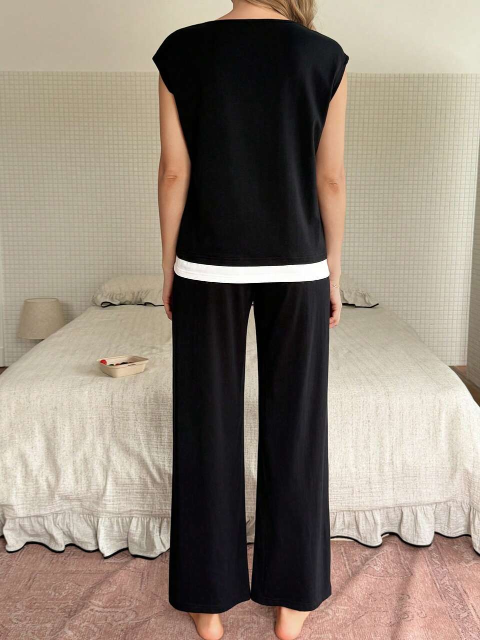 Women's Letter Print Cap Sleeve Top And Pants Pajama Set