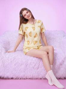Notgurli 2 件套卡通羊角面包印花短袖短裤可爱女童睡衣套装 - 杏色 - 查看 7