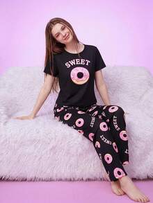 Notgurli Cartoon Doughnut Printed Short Sleeve And Long Pants Pajama Set For Spring/Summer - Black - View 6