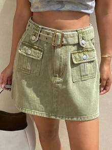Livesso High Waist Khaki Solid Color Button A-Line Full Skirt Women's Denim Skirt - Green - View 6