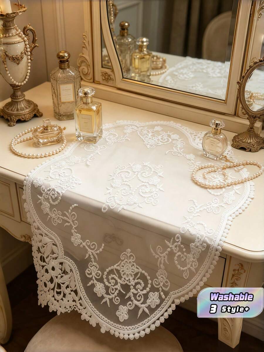 French Floral Embroidery Placemat Set - Luxury Lace Table Decor For Weddings/Parties | Machine-Washable Dinner Mat With Festive Charm (Bridal Shower & Holiday Centerpiece) - White - View 1