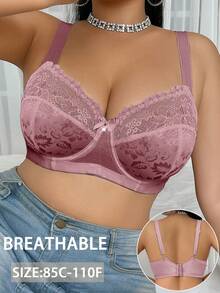 DesireSculpt 1pc Plus Size Lace Patchwork Underwire Bra - Coffee Brown - View 3