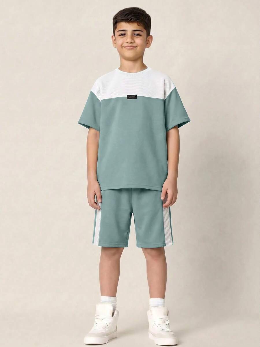 2pcs Tween Boy Casual Contrast Color Round Neck Short Sleeve T-Shirt And Shorts Set,Sage Green,Summer,School,Back-To-School,Outing,Sports,Holiday - Mint Green - View 1