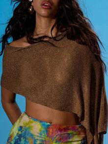 MUSERA Slash Neck Off The Shoulder Asymmetric Hem Knit Poncho Summer Sexy Going Out Beach Holiday Ibiza Club Tropical Fever - Chocolate Brown - View 5
