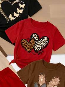 SHEIN Sparklyn (3 Random Item From 5) Summer Girl's Big Boy Grid Ripple Dot Leopard Pattern Love Pattern Printed Basic Short T+Shorts Set Six Piece Set - Multicolor - View 7