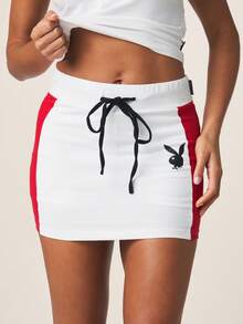 Missguided x Playboy Mini Skirt With Contrast Side Panels Black Drawstring Waistband Bunny Logo Athletic Style Streetwear, World Cup 2026 Sporty Game Streetwear Jersey - Red and White - View 2