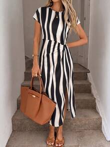 SHEIN LUNE Black Striped Print, Elegant Casual Knotted High-Slit Sleeveless Midi Dress. Dates Summer Vacation Vacation Going Out - Multicolor - View 4