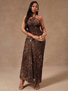 Radiana Plus Size Women's Brown Elegant Summer Leopard Print Halter Tie Bodycon Ruched Metal Decor Dress For Night Out Club,Prom Gathering Banquet Party - Multicolor - View 4