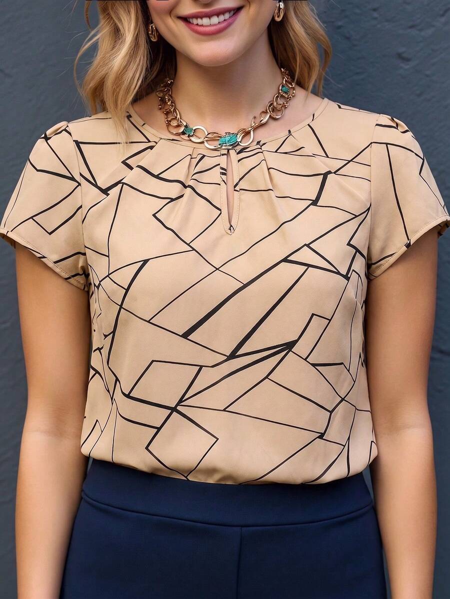 EMERY ROSE Women Crew Neck Short Sleeve Pleated Floral Print Casual Blouse - Khaki - View 1