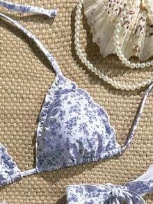 Swim Vcay 女士两件套碎花荷叶边V领挂脖比基尼套装，夏季 - 淡紫色 - 查看 3