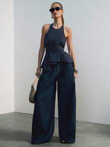 Hauture Women's Sexy Casual Pinstripe Halter Neck Peplum Top With Ruffle, Versatile Daily Wear Top Old Money, Work Brunch Dates Weddings Concerts - Blue - View 5