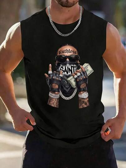 1 Pieza en talla estándar, camiseta sin mangas de estilo urbano con un impactante estampado gráfico de gran formato en el frente que muestra un personaje icónico con pañuelo bandana, gafas de sol, joyas de lujo y fajos de dinero, corte regular ideal para un look casual en verano, fabricada con tejido de gran suavidad para un ajuste cómodo y moderno que destaca tu personalidad con una estética audaz, auténtica y de alto impacto.