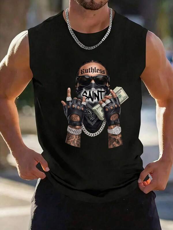1 Pieza en talla estándar, camiseta sin mangas de estilo urbano con un impactante estampado gráfico de gran formato en el frente que muestra un personaje icónico con pañuelo bandana, gafas de sol, joyas de lujo y fajos de dinero, corte regular ideal para un look casual en verano, fabricada con tejido de gran suavidad para un ajuste cómodo y moderno que destaca tu personalidad con una estética audaz, auténtica y de alto impacto.