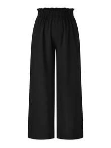 SHEIN LUNE Plus Size Nữ Màu Trơn Eo Co Giãn Quần Ống Rộng Có Viền Xù - màu đen - Xem 7