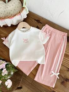 SHEIN 2件組女嬰幼兒0-3歲休閒百搭街頭風黑色T恤與長褲套裝 - 粉色 - 查看 6