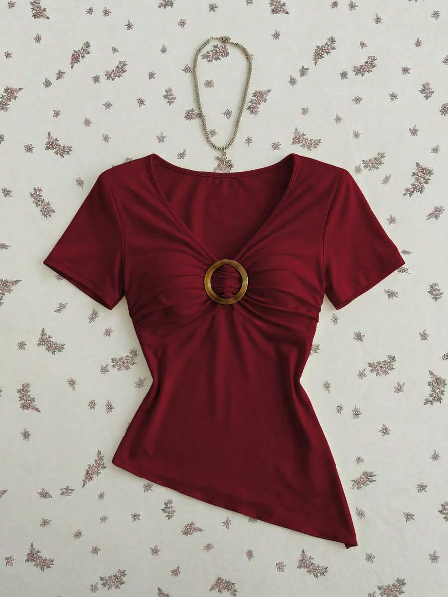 Mori Grove Mori Grove Blusa corta con escote en V, manga corta y decoración de argolla en la parte delantera para mujer, de punto en color amarillo crema/amarillo limón, adecuada para primavera, verano y otoño - Burdeos - Ver 1