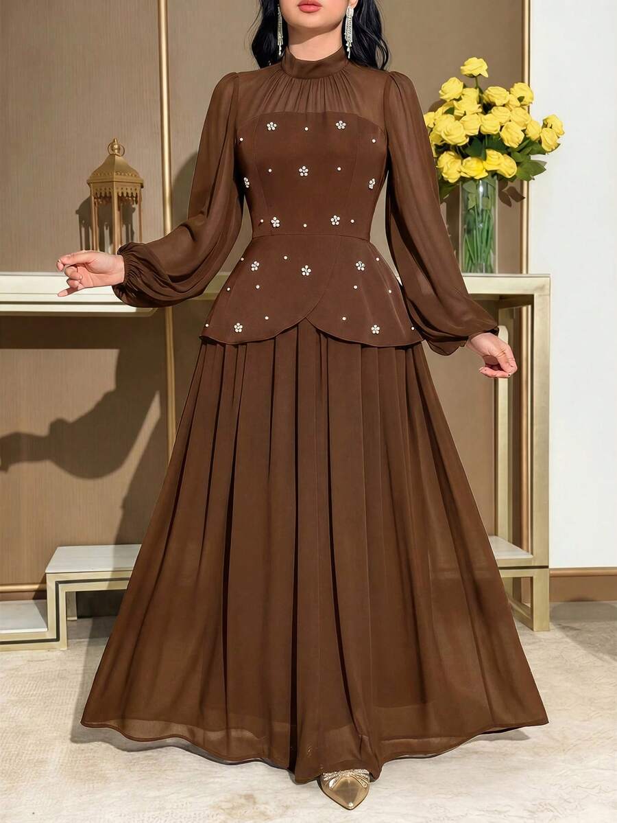 Modelyn 女款素色立領插肩袖優雅洋裝 - 咖啡棕 - 查看 1
