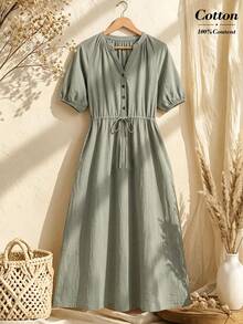 Rusticease Drawstring Sage Green Fall Elegant Birthday Vacation Dress Summer Outfits Cotton100 Women's Casual Long Holiday Everyday Travel - Green - View 7