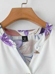 Rusticease Plus Size Women's Casual Vacation Floral Print Notch Neck Roll Tab Sleeve Loose Top And Wide Leg Pants 2 Piece Set, Spring/Summer - Purple - View 6