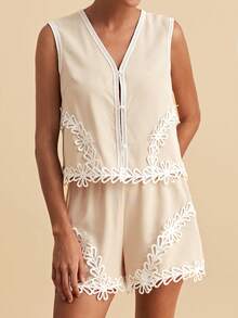Travachic Women's Vacation Outfits Water-Soluble Lace Patchwork Front Button Camisole And Shorts 2 Pieces Set Holiday Country Clothing Beach Beige Summer Boho - Apricot - View 3