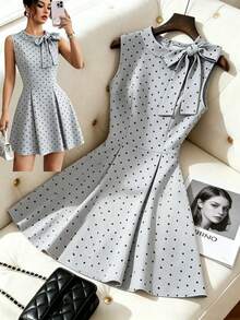 SHEIN PariChic 女款淺灰色夏季洋裝，70年代復古茶會風，優雅蝴蝶結領修身工作套裝迷你裙，休閒商務辦公畢業穿著 - 灰色 - 查看 4