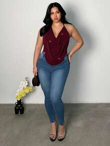 Firerie Plus Size Solid Color Spaghetti Strap Summer Loose Neck Sleeveless Fashion Camisole - Burgundy - View 7