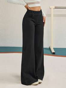 SHEIN Tall Women's Casual Everyday Commute Minimalist Versatile Solid Color Elastic Waist Loose Straight Leg Jeans - Black - View 6