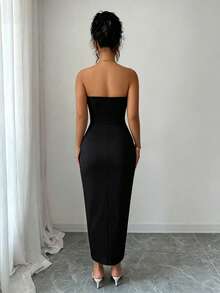 Selianne Vestido elegante sin tirantes con bordado de patchwork y volantes - Negro - Ver 2