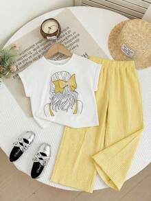 SHEIN LMoss Kids 2 Stücke Kleine Mädchen Strick Einfarbiges Rundhals T-Shirt und Lässige Hose mit Schmetterling Dekor Set - Gelb - Übersicht 6