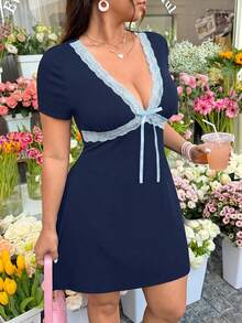 GalTyme Plus Size Navy Blue Contrast Lace Bow Decor V-Neck Dress, Summer Date Night Tropical - Blue - View 4