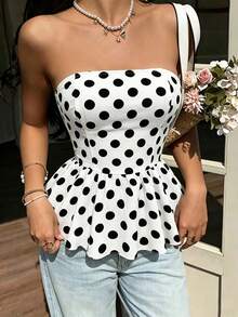 Selianne Áo hai dây ngắn phong cách Pháp retro họa tiết chấm bi, chiết eo, gấu xòe, không tay, áo crop top cho mùa hè - Đen và trắng - Xem 1