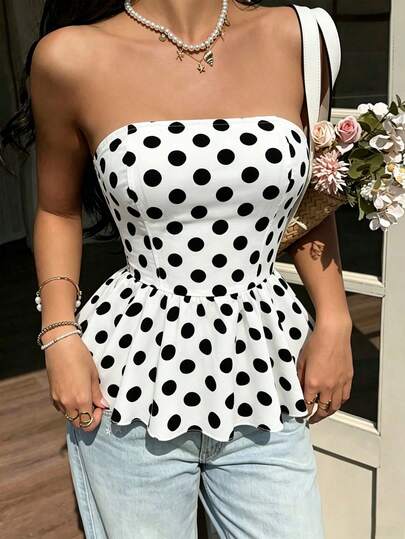 Selianne Áo hai dây ngắn phong cách Pháp retro họa tiết chấm bi, chiết eo, gấu xòe, không tay, áo crop top cho mùa hè