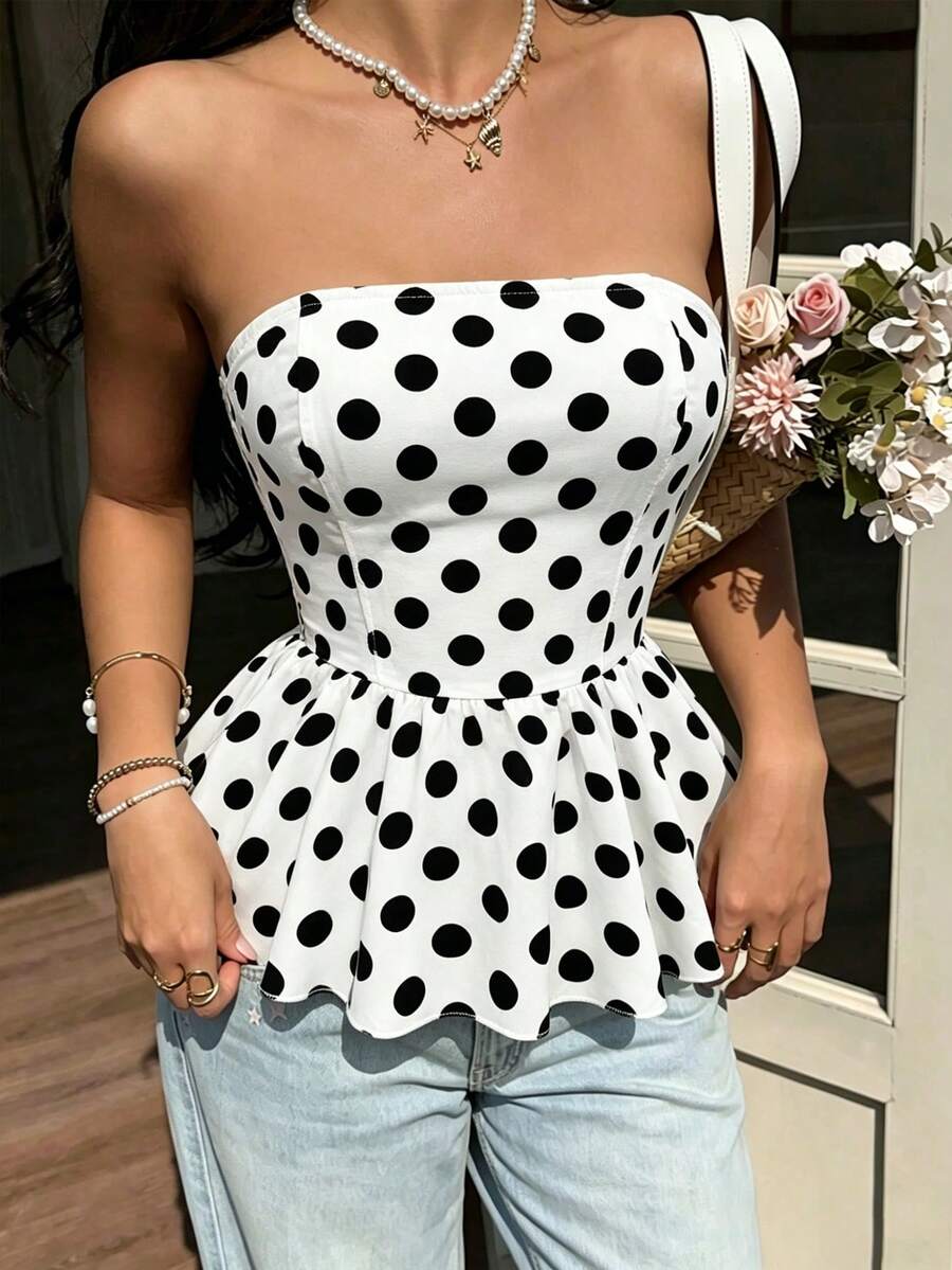 Selianne Áo hai dây ngắn phong cách Pháp retro họa tiết chấm bi, chiết eo, gấu xòe, không tay, áo crop top cho mùa hè - Đen và trắng - Xem 1
